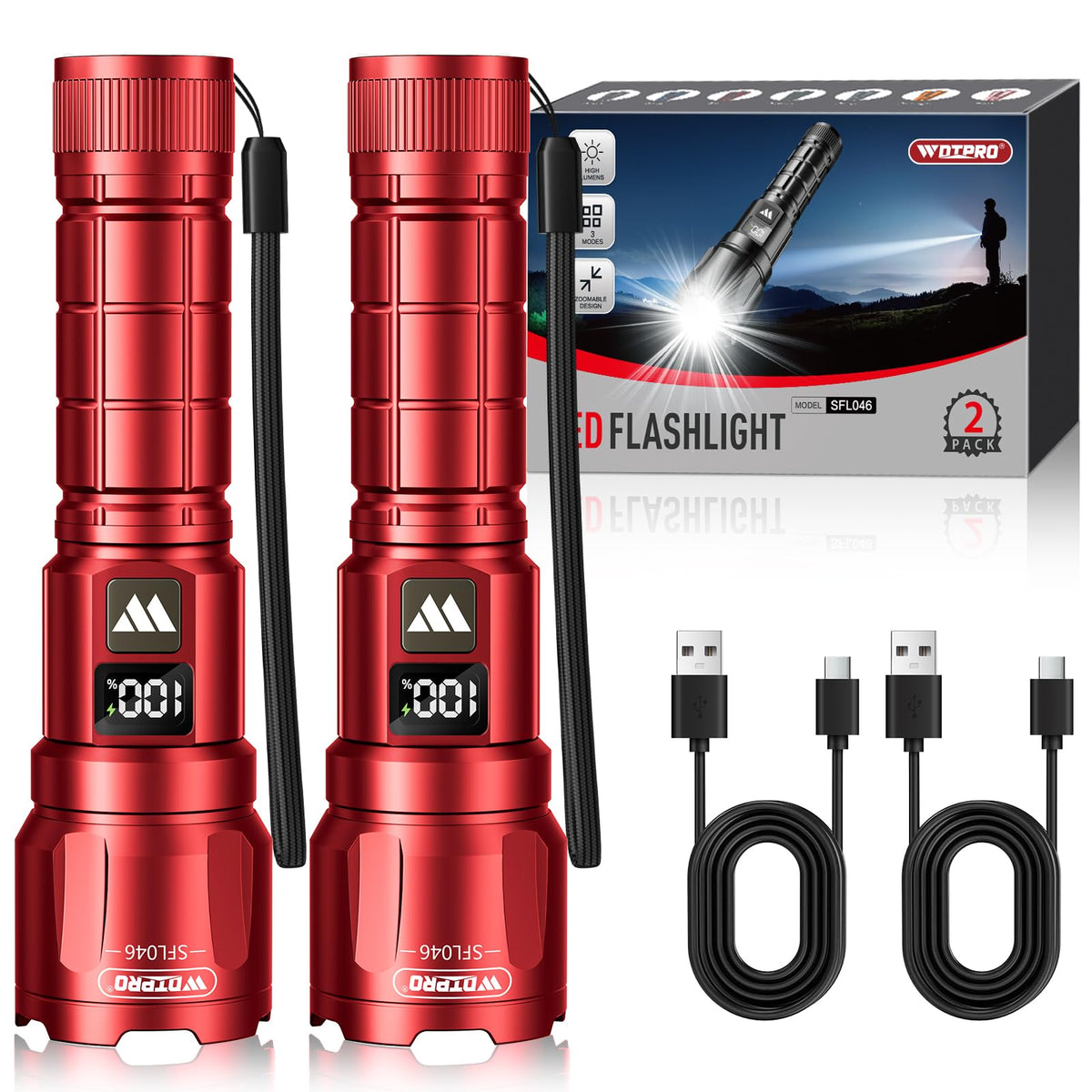 WdtPro two-pack flashlights in front view show compact, pocket-ready design.