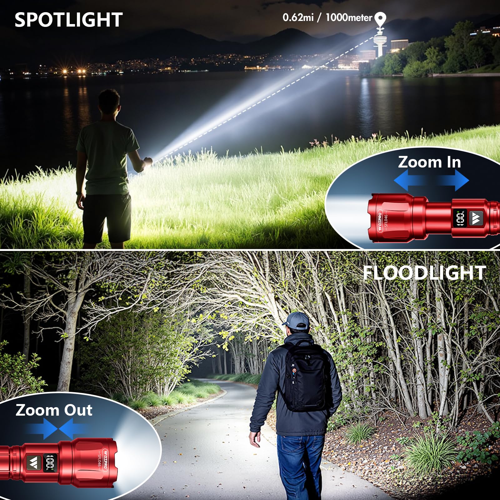 WdtPro two-pack zoom beam demonstrates focused spotlight and long-range reach.