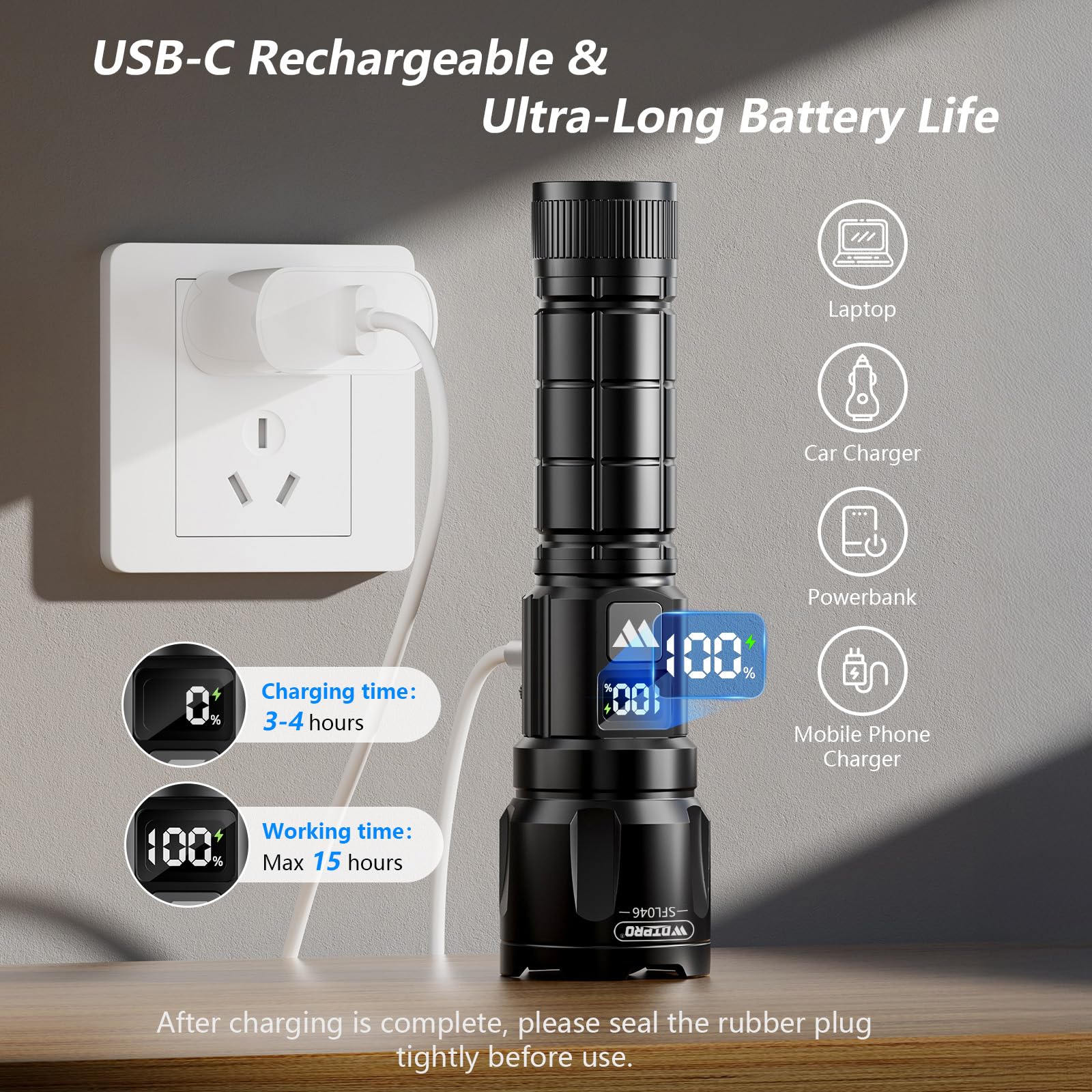WdtPro flashlight with zoomable beam for focused or broad illumination.
