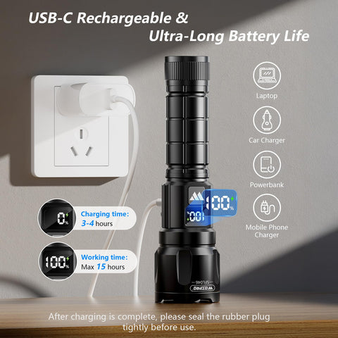 WdtPro flashlight with zoomable beam for focused or broad illumination.
