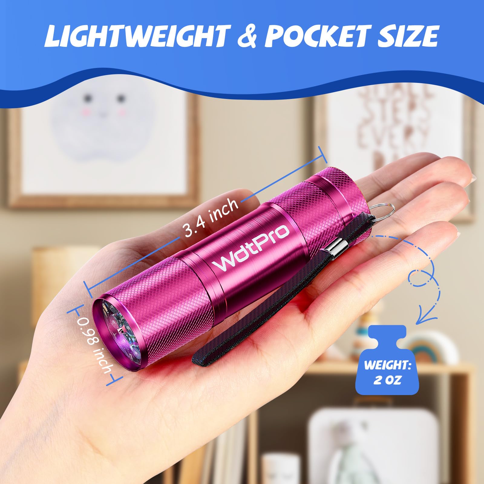 WdtPro mini flashlight with silver aluminum body, durable for home use and camping trips.