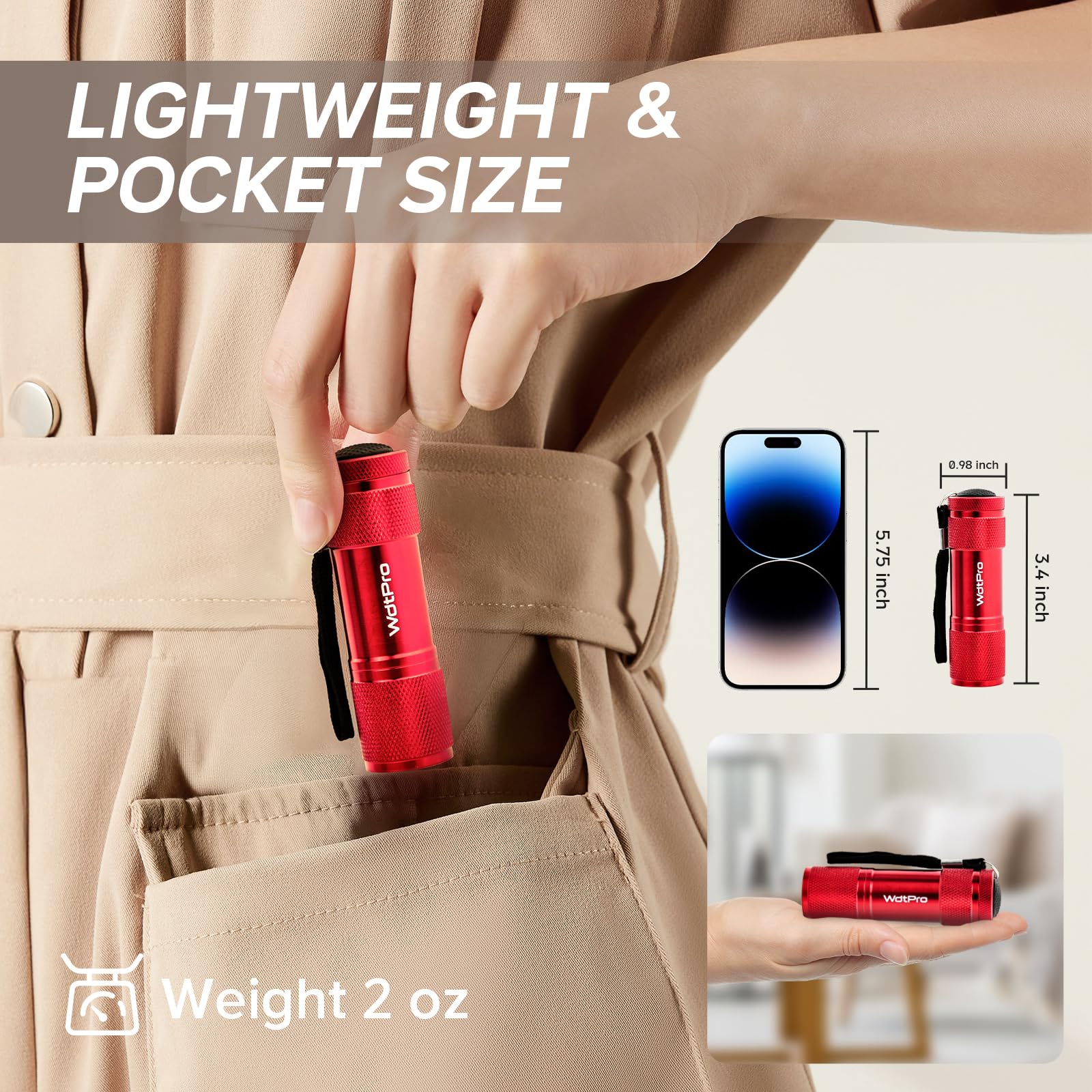 WdtPro LED mini flashlight silver, sturdy aluminum body for durable daily use