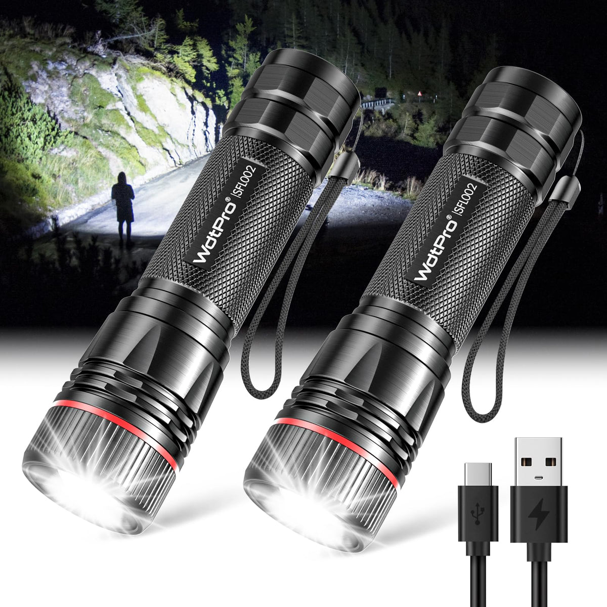 WdtPro rechargeable flashlight pack front view for home and camping use