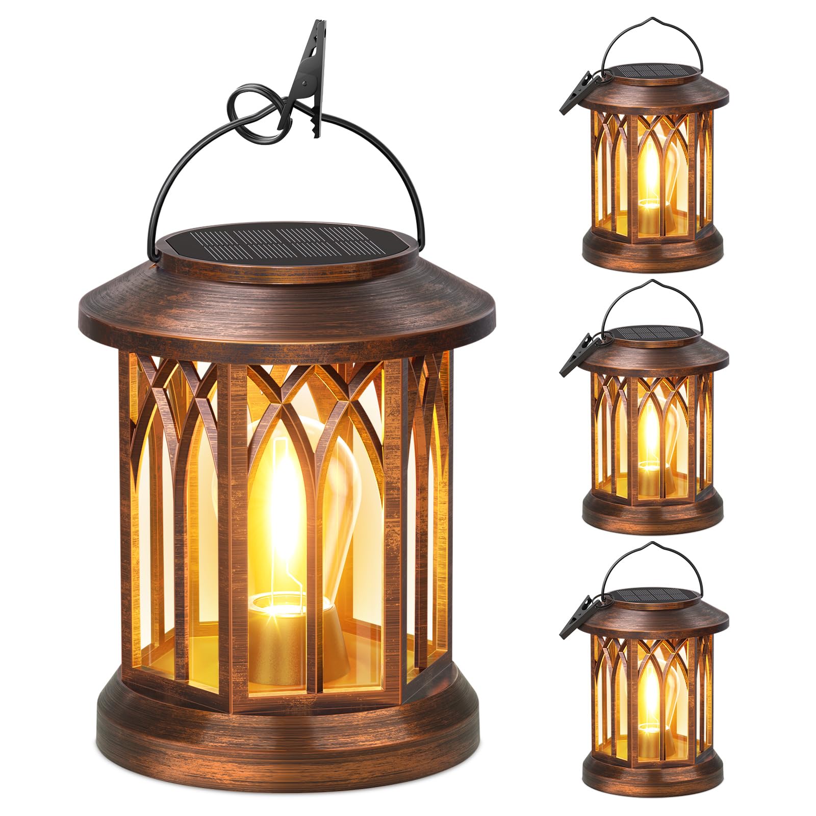 WdtPro solar lanterns hanging outdoors at dusk create a welcoming four-pack glow.