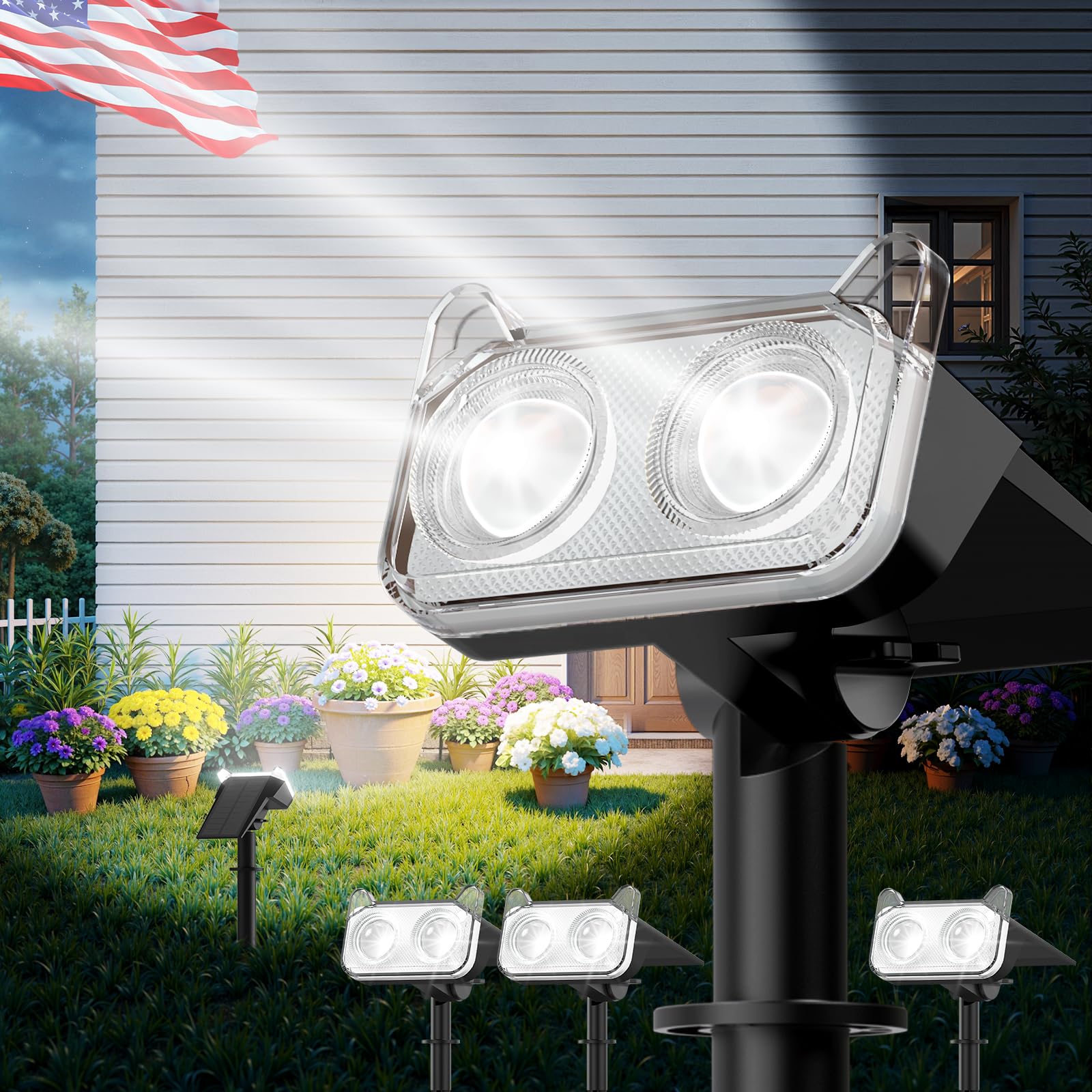 WdtPro solar spot light on ground stake illuminating garden path