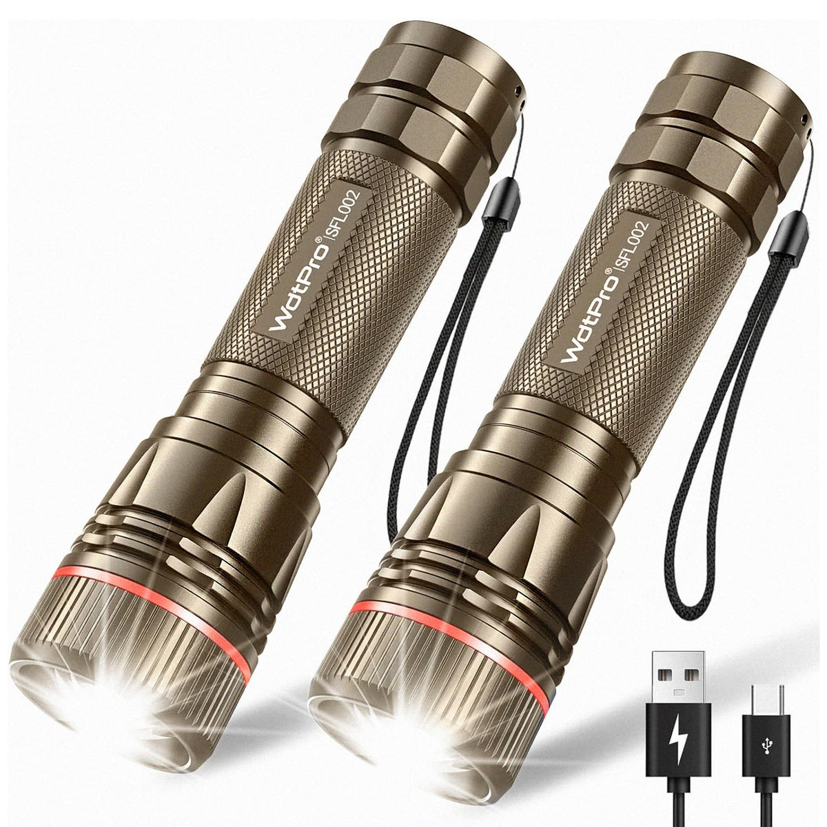 WdtPro two pack rechargeable flashlights front view for everyday carry.