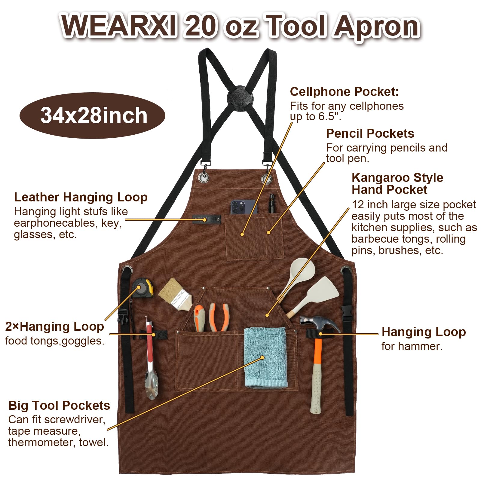 WEARXI men's canvas work apron close-up showing cross straps for comfort.