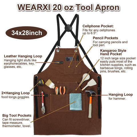 WEARXI men's canvas work apron close-up showing cross straps for comfort.
