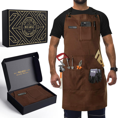 WEARXI men's canvas work apron with six pockets for quick tool access.