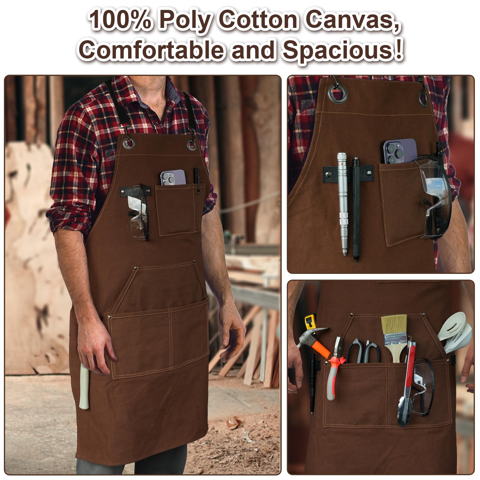 WEARXI woodworking apron front view highlighting the six-pocket layout.