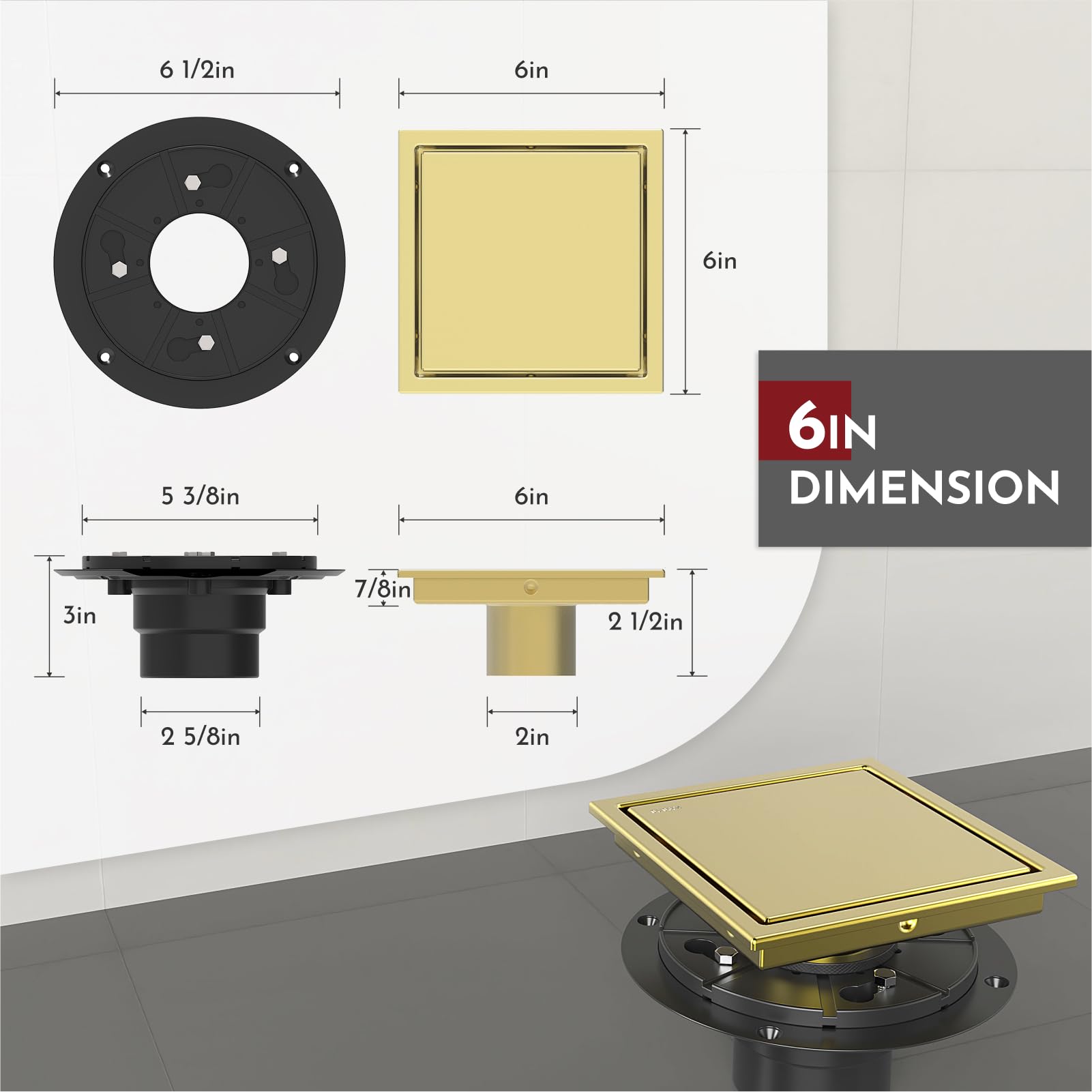 WEBANG 2-in-1 cover tile insert square drain top view improves versatility.