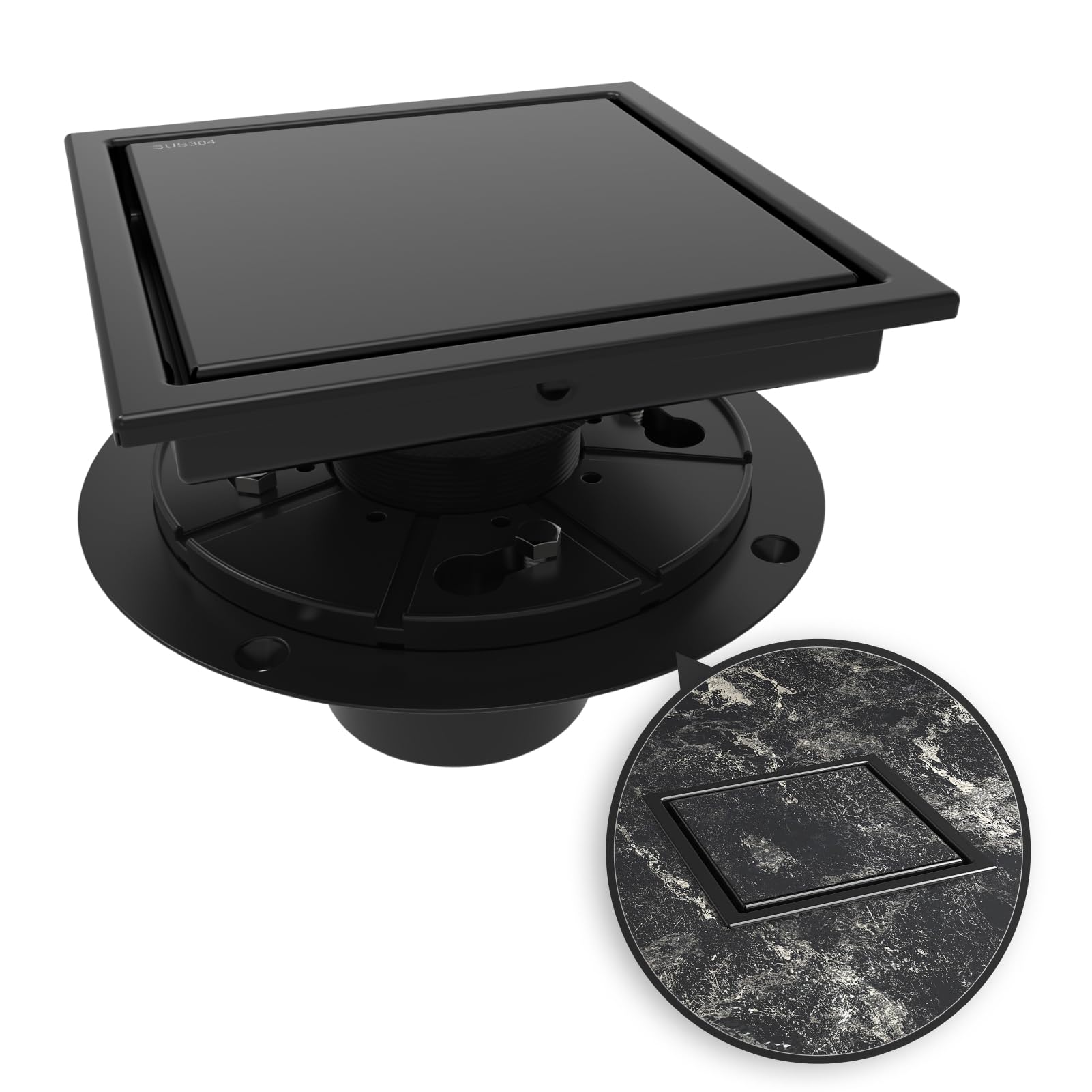 WEBANG 6inch square shower drain in matte black for efficient drainage.