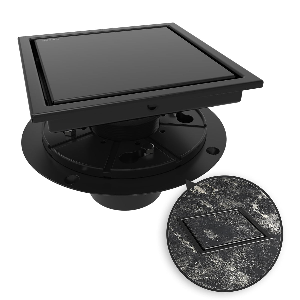 WEBANG 6inch square shower drain in matte black for efficient drainage.