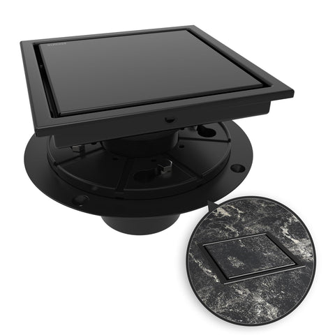 WEBANG 6inch square shower drain in matte black for efficient drainage.
