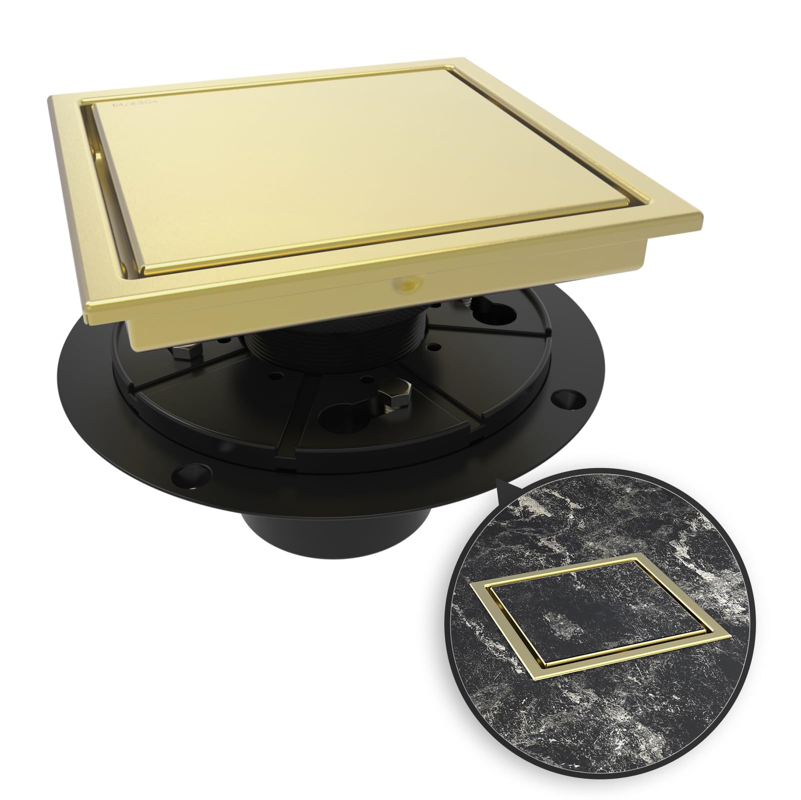 WEBANG brushed-gold 6-inch square drain close-up showing premium finish.