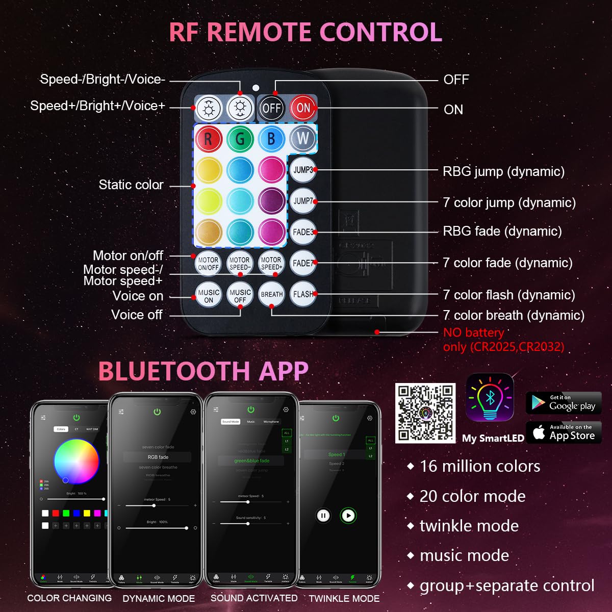 WEBUPAR app and remote control enables 1600 colors and dynamic scenes.