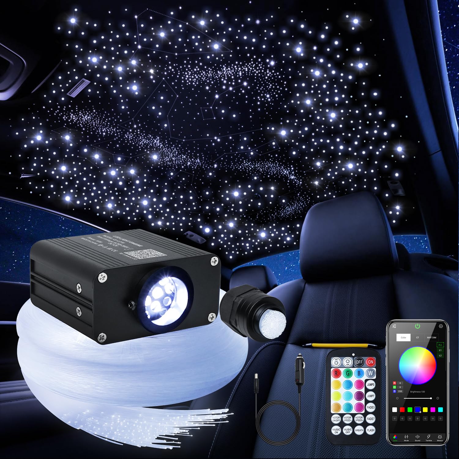 WEBUPAR starlight headliner engine powering a star-filled car ceiling for enhanced ambiance