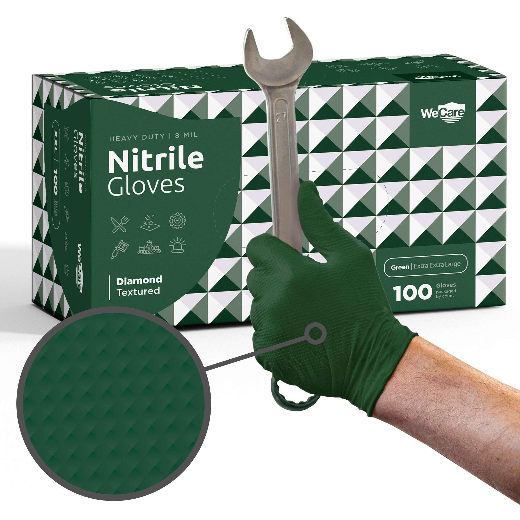 WeCare green 8 mil nitrile gloves with diamond grip for heavy-duty protection
