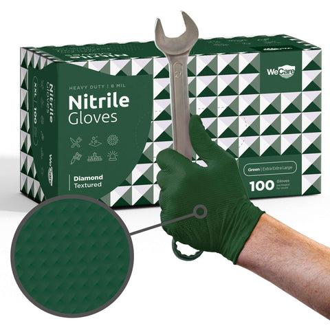 WeCare green 8 mil nitrile gloves with diamond grip for heavy-duty protection