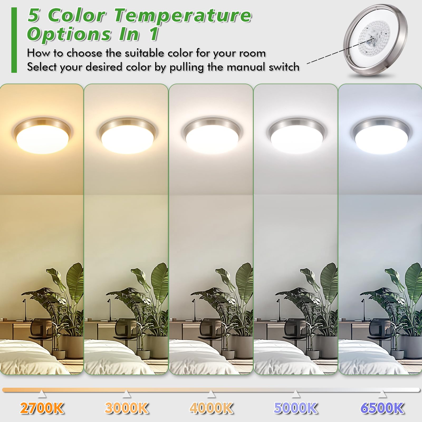 Weddeg 13 inch LED ceiling light with brushed nickel backplate offers fingerprint resistance.