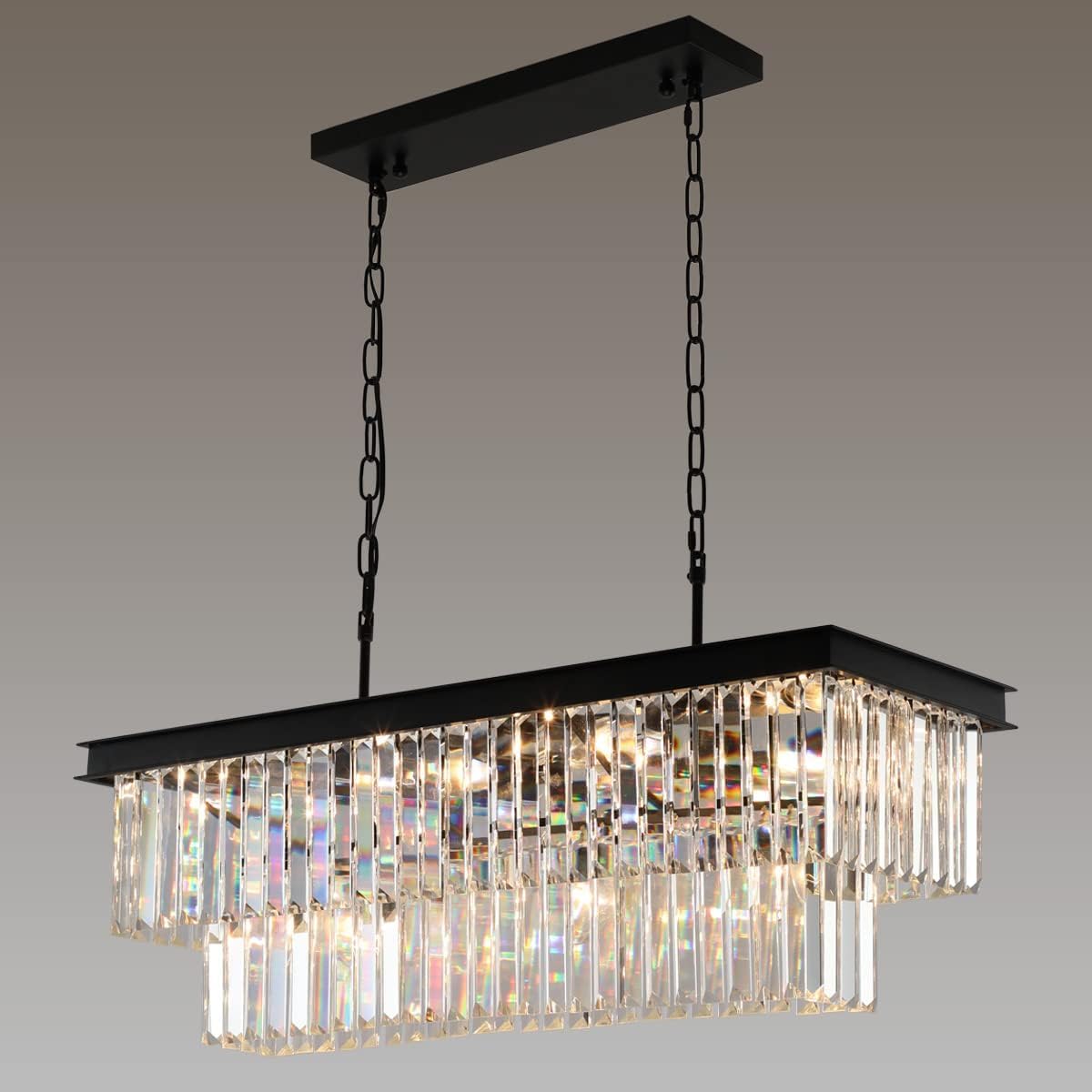 Weesalife crystal chandelier in black rectangle frame with 11 lights for dining ambience