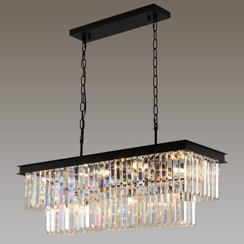 Weesalife crystal chandelier in black rectangle frame with 11 lights for dining ambience