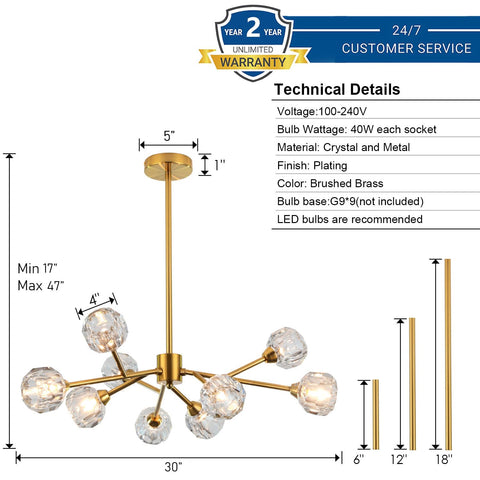 Weesalife Sputnik chandelier brass body with crystal spheres highlights contemporary dining