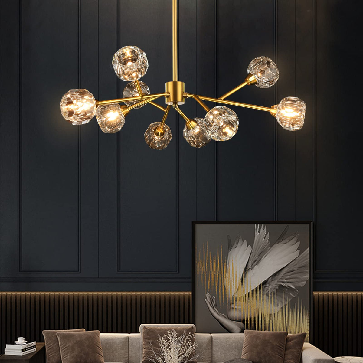 Weesalife Sputnik chandeliers over dining table with crystal reflections