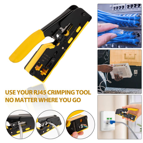 WEETOTUNG RJ45 crimp tool pass-through kit in use during a crimp