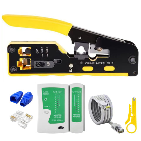 WEETOTUNG RJ45 crimp tool pass-through kit non-slip crimper in use