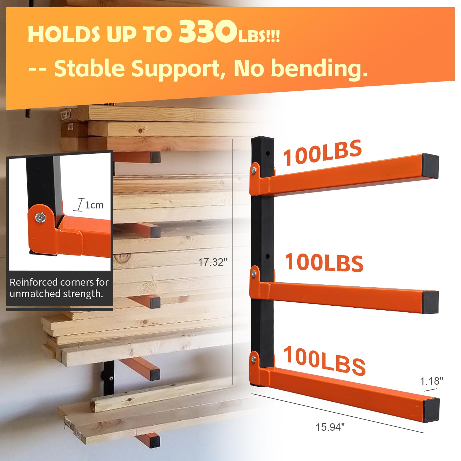 Wefaith cantilever shelves 3-tier view demonstrating organized boards and pipes off the floor.