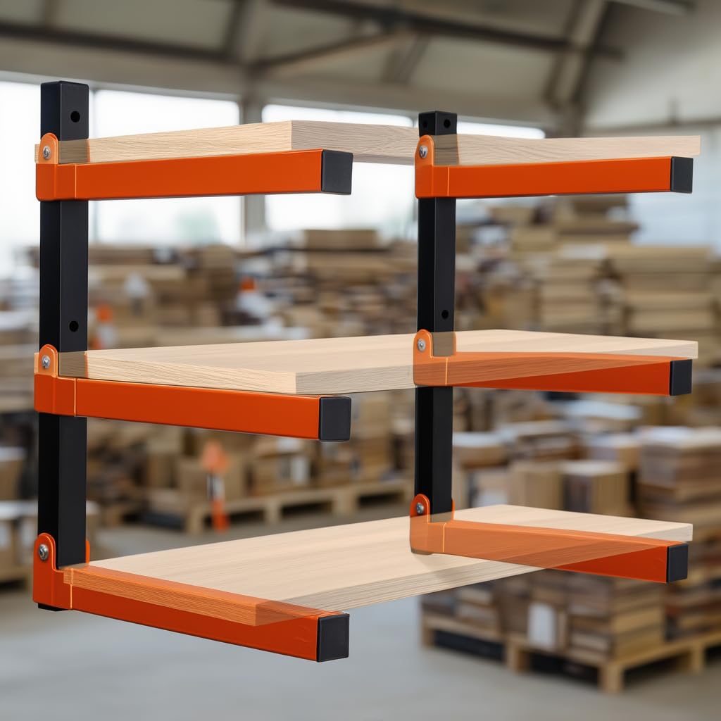 Wefaith wood organizer wall-mount assembly showing sturdy cantilever arms for heavy lumber storage.