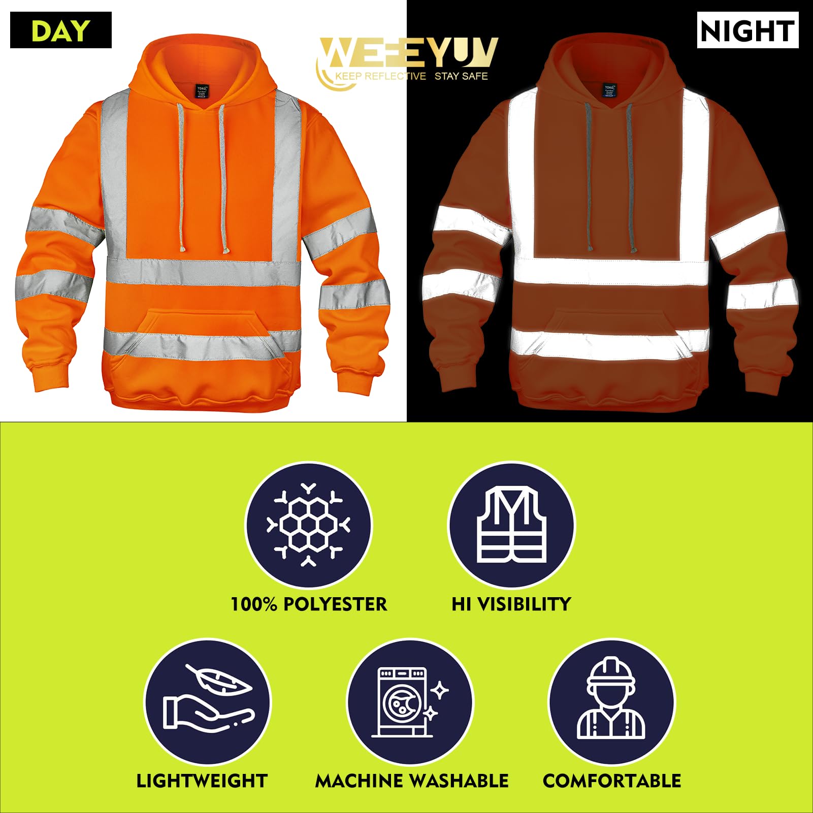 wefeyuv high visibility hoodie with reflective tapes for low light safety