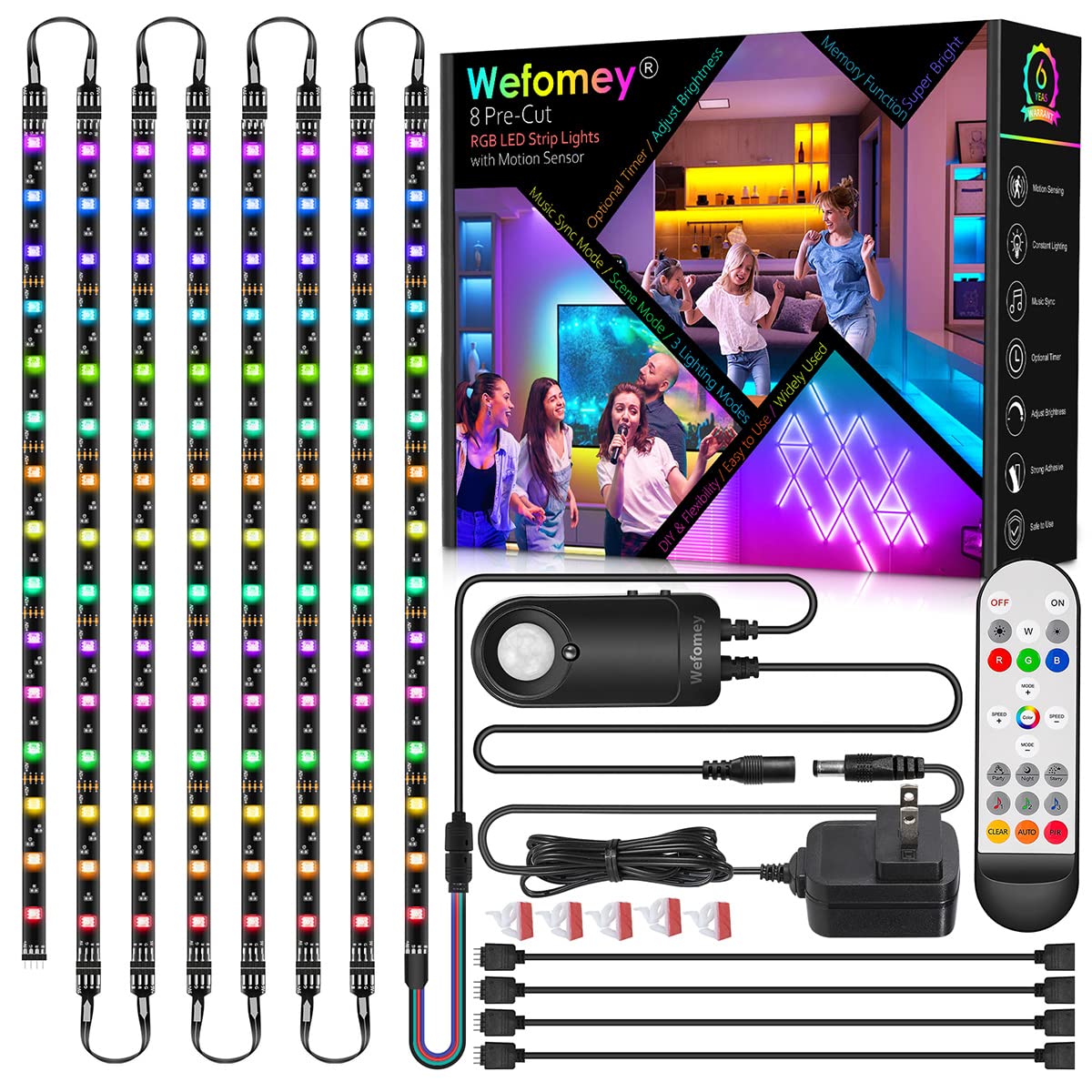WeFomey 8-piece RGB under-cabinet strips for vivid ambient lighting.