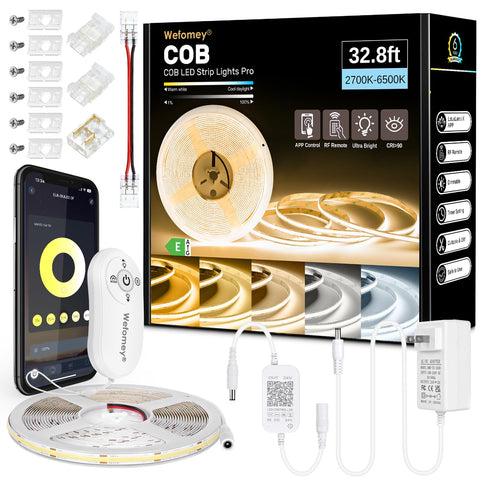 Wefomey COB LED strip light 32.8ft unrolled for seamless cabinet illumination