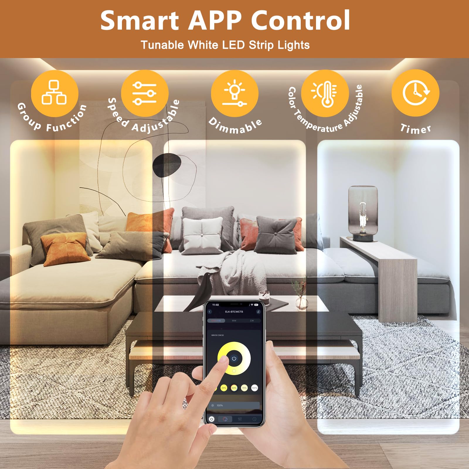 Wefomey LED strip with remote control enables quick dimming and color changes.