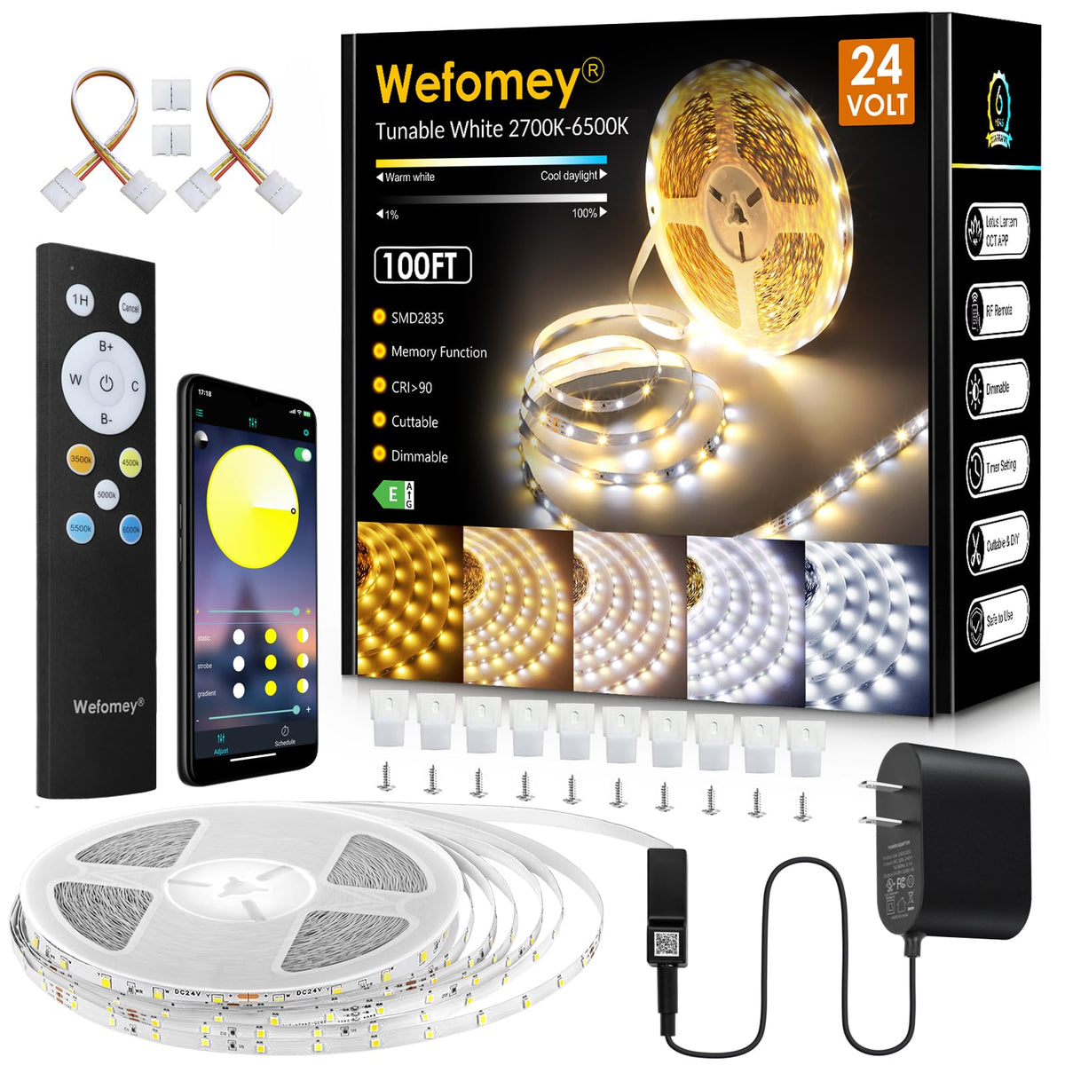 WeFomey white LED strip 100ft roll for expansive room lighting.