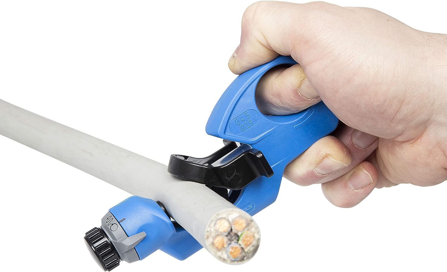 WEICON No. 4-29 cable stripper performs round cuts for clean sheath removal