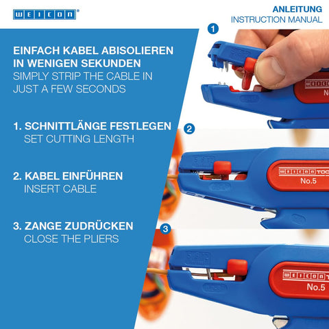 WEICON Wire Stripper No. 5 side cutter integrated for quick trims up to 2 mm.