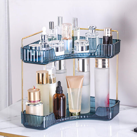 Weidace corner bathroom organizer 2-tier blue top view showing organized vanity