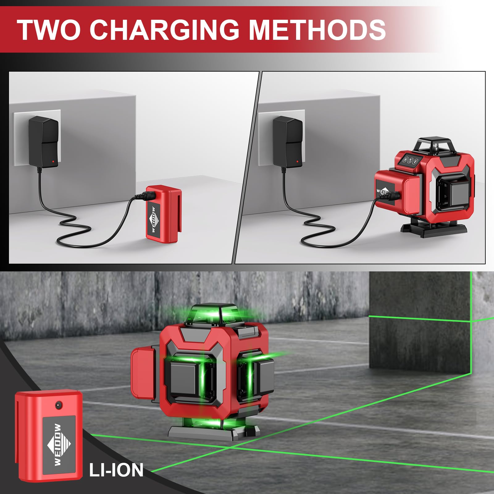 WEIDDW Indoor-use laser level shown with included 1m tripod stand.
