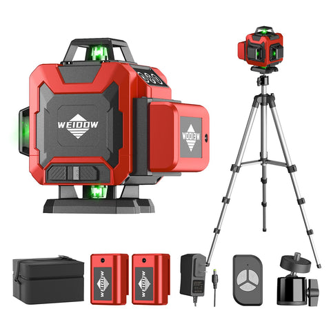 WEIDDW Laser Level 360 self-leveling with tripod in action for precise room layouts.