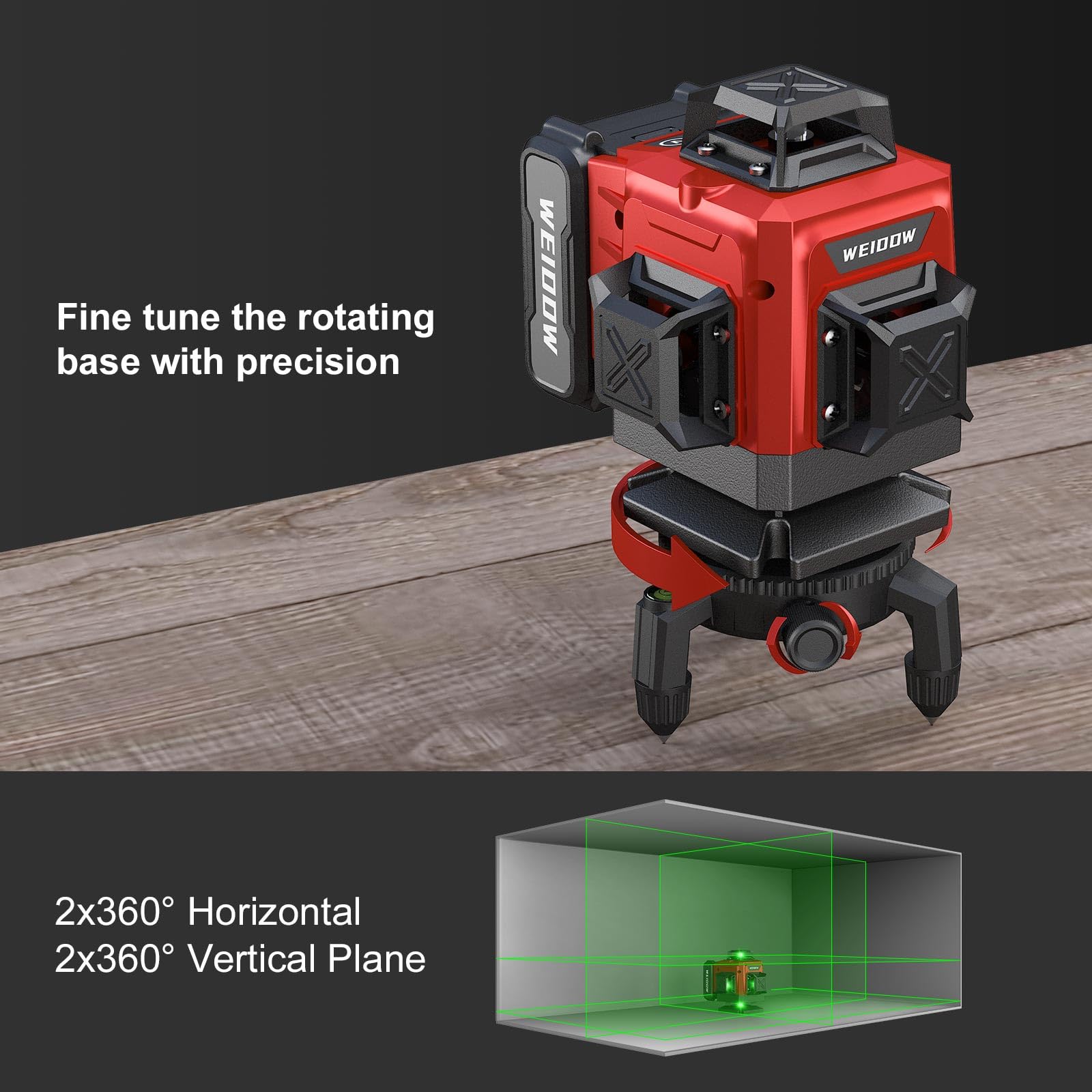 WEIDDW laser level with 3600mAh rechargeable battery for long cordless sessions