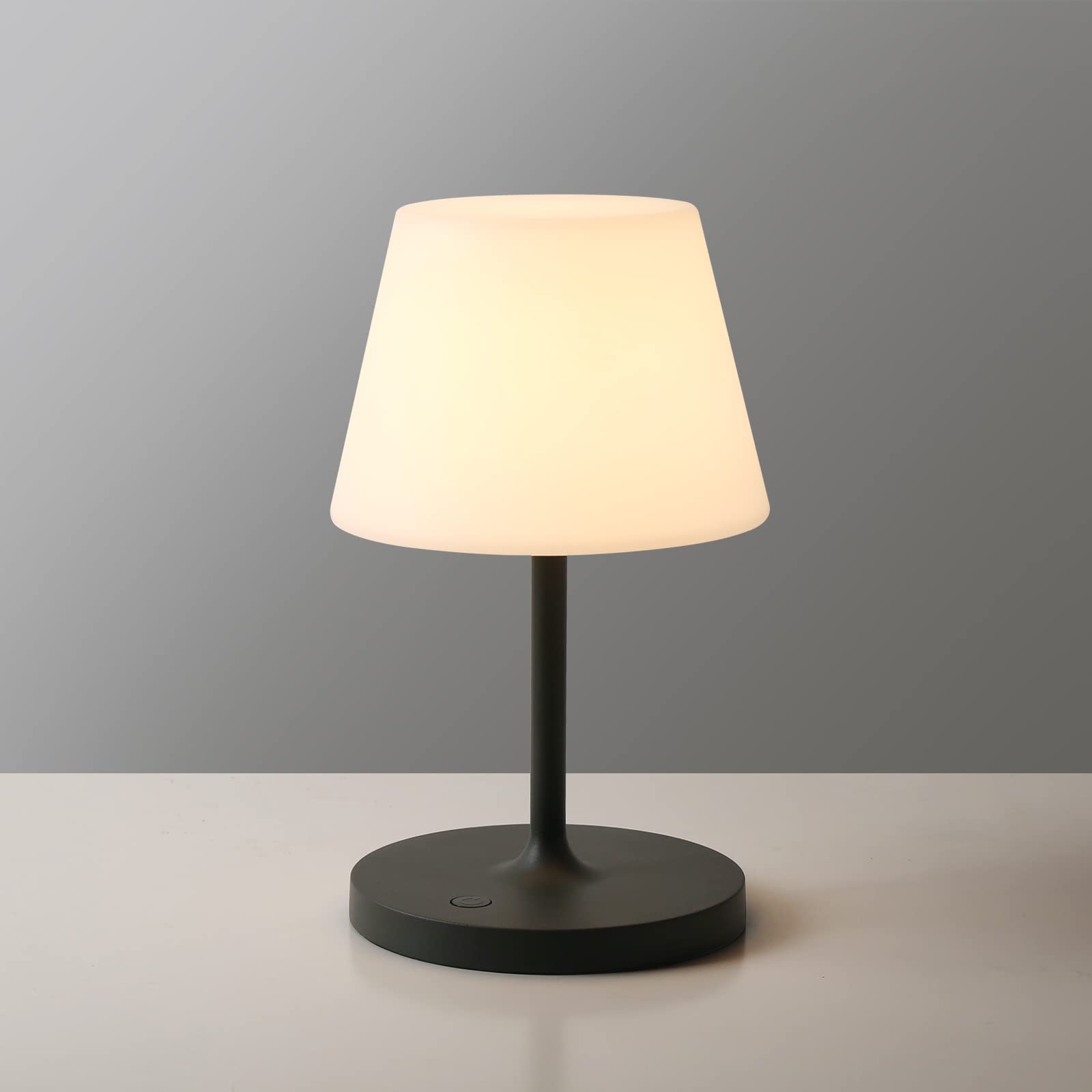 WEILAILUX outdoor lamp glows with warm white light on a snow white shade