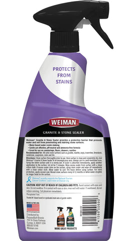 Weiman Granite & Stone Sealer Spray applied on countertop beads water for protection.