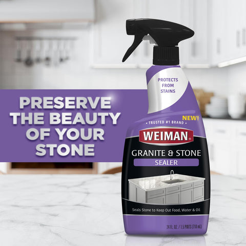 Weiman Granite & Stone Sealer Spray beside polished stone floor enhances stain protection.