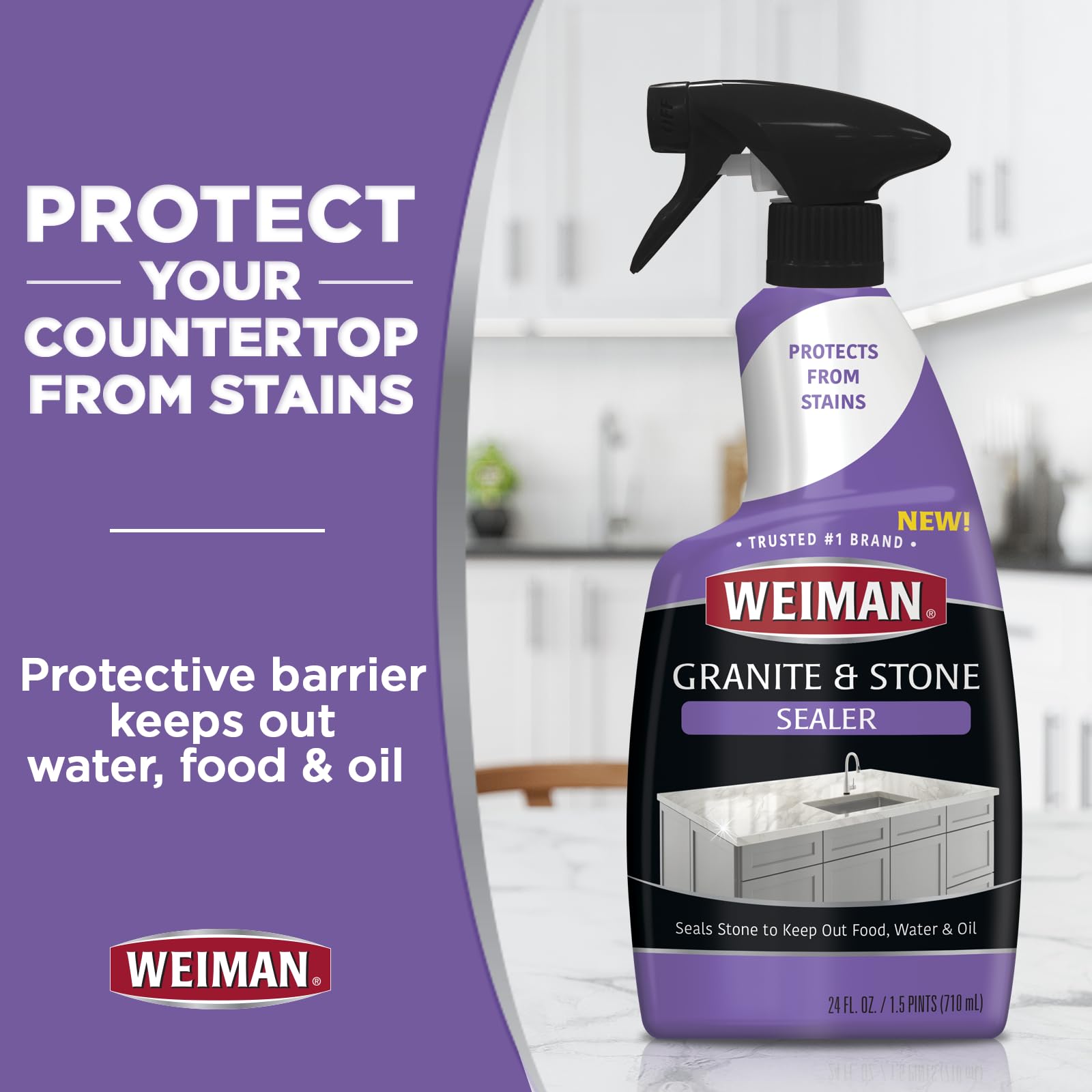 Weiman Granite & Stone Sealer Spray labeled bottle ready for granite protection.