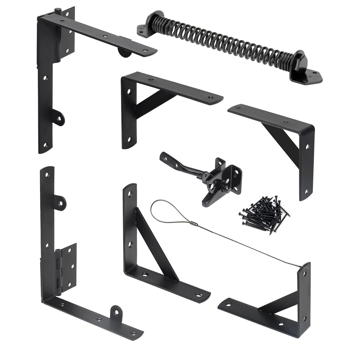 WEKIS fence gate kit components: hinges and corner brackets for sturdy sag-free wooden gates