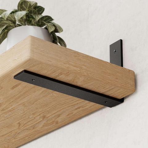WEKIS heavy-duty 12-inch black shelf bracket offers solid support for shelves.