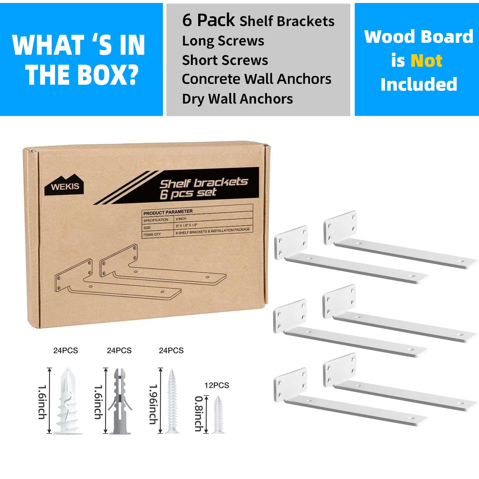 WEKIS wall-mount screw kit image demonstrates complete installation hardware.
